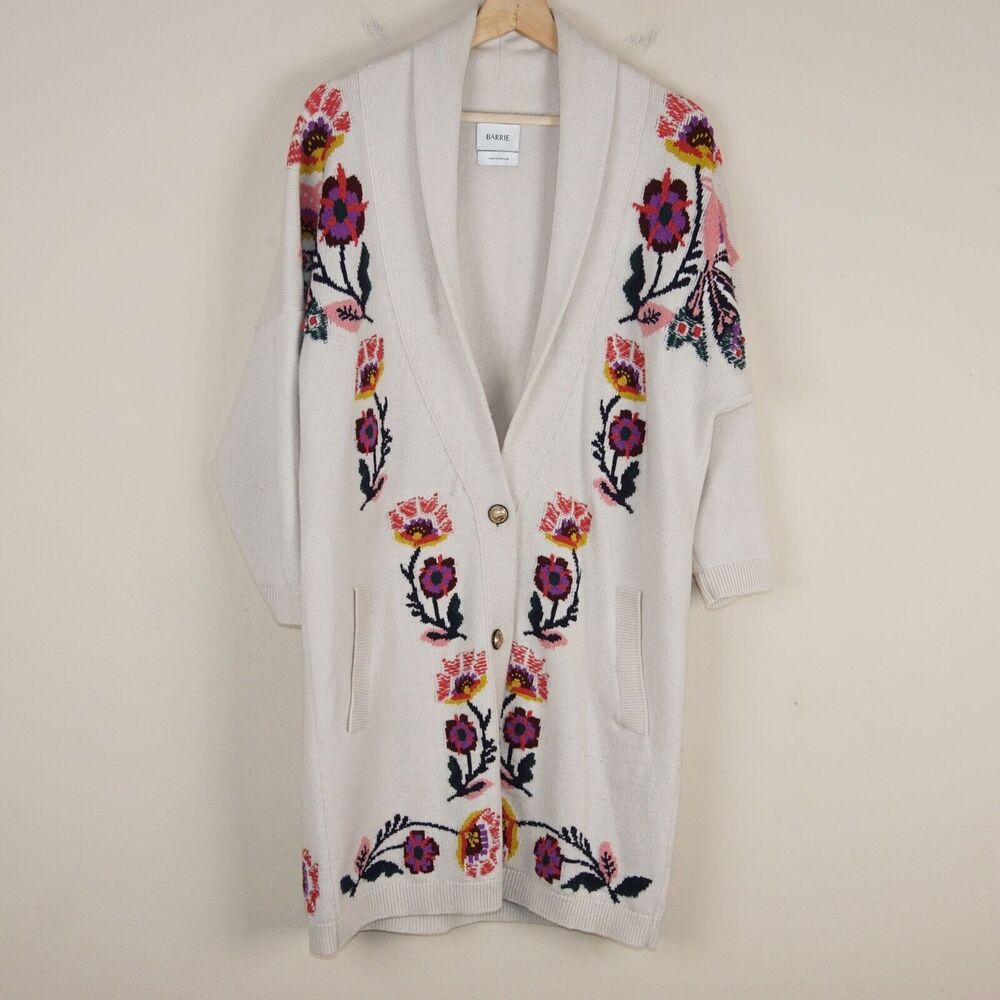 Barrie Scotland 100% Cashmere Beige Floral Button Oversized Cardigan Womens XS
